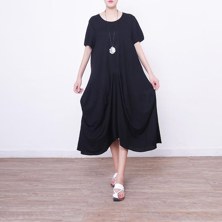Vintage schwarzes langes Leinenkleid plus Größe Kurzarm Leinenkleidung Kleider Neue Maxikleider mit asymmetrischem Saum