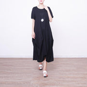 Vintage schwarzes langes Leinenkleid plus Größe Kurzarm Leinenkleidung Kleider Neue Maxikleider mit asymmetrischem Saum
