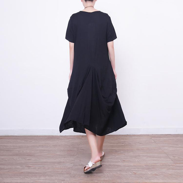 vintage black long linen dress plus size short sleeve linen clothing dresses New asymmetric hem maxi dresses