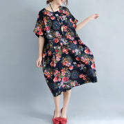 vintage black long linen dress trendy plus size prints cotton dress casual short sleeve linen dress