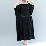 Vintage schwarzes Naturseidenmischkleid plus Größe O-Ausschnitt Patchwork Krawatte Taille Leinen Kleidung Kleider Boutique Kurzarm Baggy Kleider