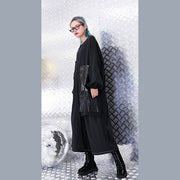 Vintage schwarzes Naturseiden-Baumwoll-Mischkleid trendy plus Größe O-Ausschnitt Baggy-Kleider Kleid lässige Taschen Quastenkleider