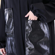 Vintage schwarzes Naturseiden-Baumwoll-Mischkleid trendy plus Größe O-Ausschnitt Baggy-Kleider Kleid lässige Taschen Quastenkleider