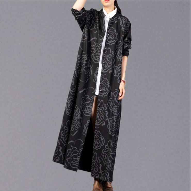 vintage black print Winter coat plus size stand collar Coat 2018 pockets trench coat
