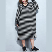 vintage black white striped long cotton dresses oversize v neck cotton maxi dress fine side open caftans