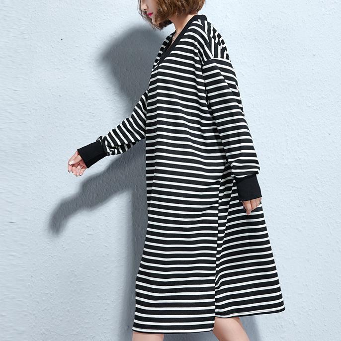 vintage black white striped long cotton dresses oversize v neck cotton maxi dress fine side open caftans