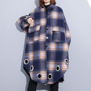 vintage blue Plaid Coats plus size Turn-down Collar Winter coat boutique pockets coat