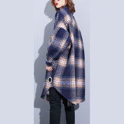 vintage blue Plaid Coats plus size Turn-down Collar Winter coat boutique pockets coat