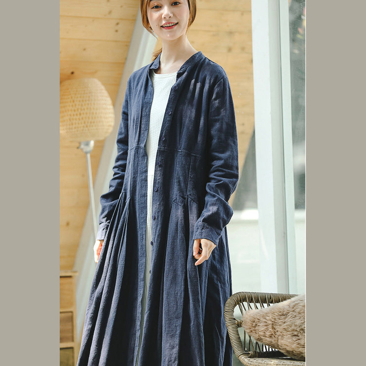 blauer Vintage-Mantel übergroßer langer Mantel mit Stehkragen Vintage-Mantel mit langen Ärmeln und großem Saum