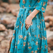 vintage blue floral linen caftans oversize o neck baggy dresses caftans New Three Quarter sleeve tie waist gown