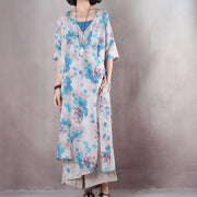vintage blue floral long linen dresses plus size v neck linen gown vintage half sleeve tie waist kaftans