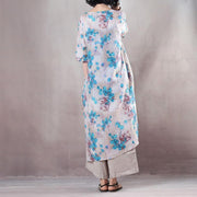 vintage blue floral long linen dresses plus size v neck linen gown vintage half sleeve tie waist kaftans