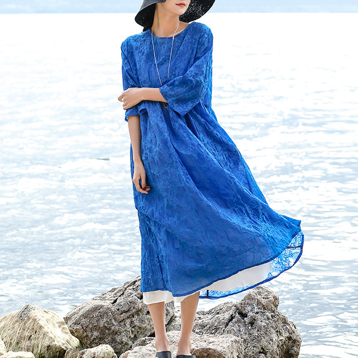 Vintage blaues Naturseiden-Leinen-Kleid Locker sitzende O-Ausschnitt Seiden-Leinen-Kleidung Kleider Frauen Baggy-Kleider mit Dreiviertelärmeln