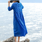 vintage blue natural silk linen dress Loose fitting O neck silk linen clothing dresses women Three Quarter sleeve baggy dresses