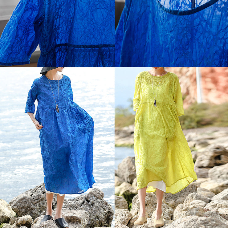 Vintage blaues Naturseiden-Leinen-Kleid Locker sitzende O-Ausschnitt Seiden-Leinen-Kleidung Kleider Frauen Baggy-Kleider mit Dreiviertelärmeln