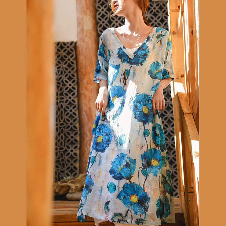 vintage blue white print linen maxi dress Loose fitting V neck linen gown fine half sleeve baggy dresses