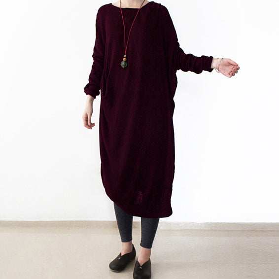 vintage burgundy knit dresses fall fashion o neck pullover women low high design long knit sweaters