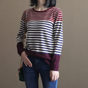vintage burgundy striped patchwork cotton knit tops casual elastic sweater