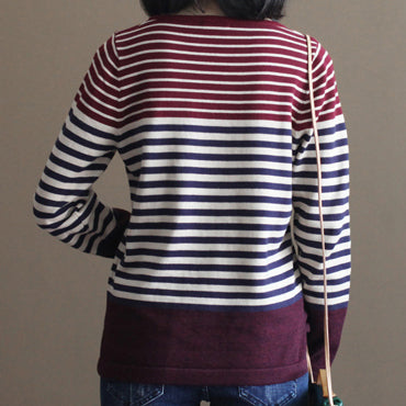 vintage burgundy striped patchwork cotton knit tops casual elastic sweater