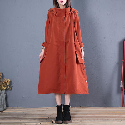 vintage casual Winter coat fall red hooded Coats Women - SooLinen