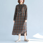 vintage chocolate Plaid cotton linen caftans plus size Turn-down Collar baggy dresses casual long sleeve dresses