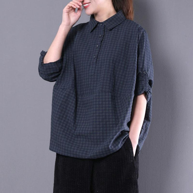 vintage cotton blended tops oversized casual women polo Collar Long sleeve green plaid shirt