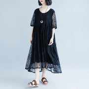Vintage Baumwollkleid plus Größe Schnürung Sommer Kurzarm Casual Fake Zweiteiliges Schwarzes Kleid