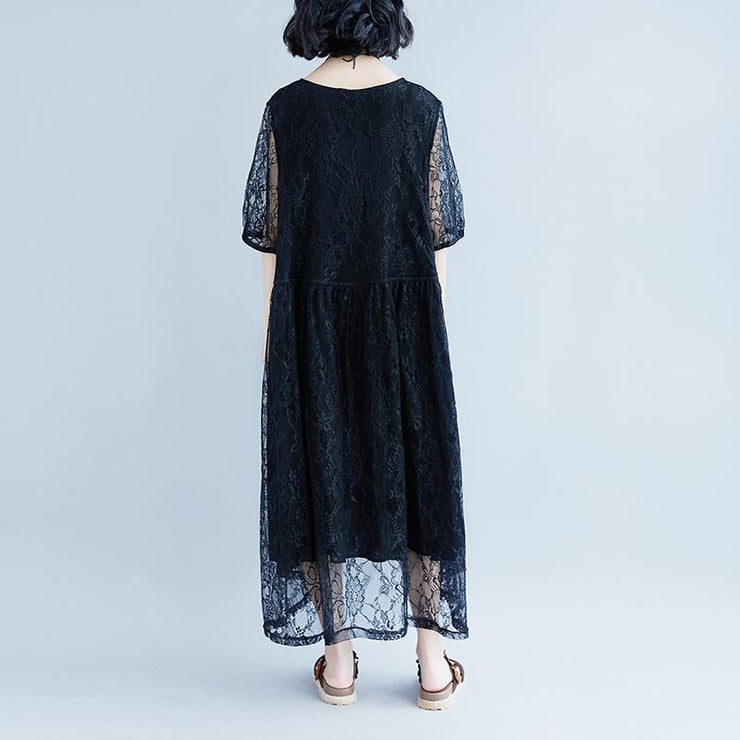 vintage cotton dress plus size Lacing Summer Short Sleeve Casual Fake Two-piece Black Dress