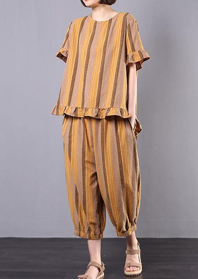 vintage cotton linen yellow striped ruffles short sleeve blouse with women harem pants - SooLinen