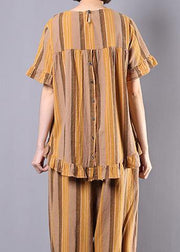 vintage cotton linen yellow striped ruffles short sleeve blouse with women harem pants - SooLinen
