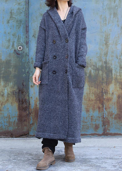 vintage dark gray woolen outwear trendy plus size double breastmaxi coat hooded woolen outwear - SooLinen