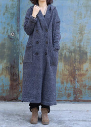 vintage dark gray woolen outwear trendy plus size double breastmaxi coat hooded woolen outwear - SooLinen
