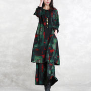 vintage floral cotton blended two pieces caftans Loose fitting o neck pockets gown 2018 long sleeve side open tops elastic waist trouse