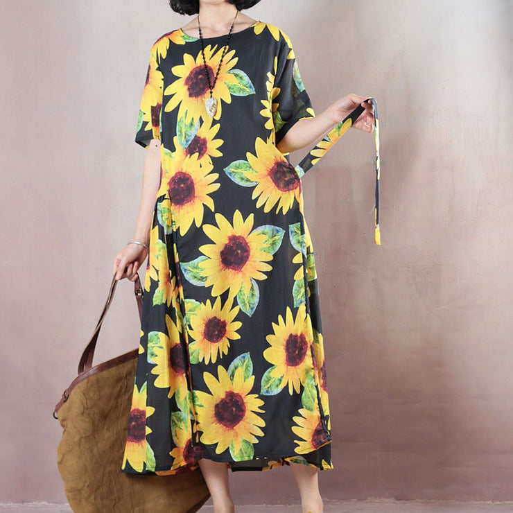 Vintage florales Naturleinenkleid übergroßes O-Ausschnitt Reisekleid 2018 Kurzarm Baggy Kleider Leinen Kaftane