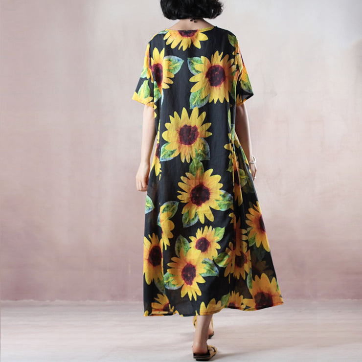 Vintage florales Naturleinenkleid übergroßes O-Ausschnitt Reisekleid 2018 Kurzarm Baggy Kleider Leinen Kaftane