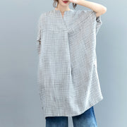 vintage gray Plaid Midi-length linen dress casual linen clothing dress Fine Batwing Sleeve o neck baggy dresses