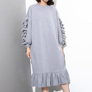 vintage gray cotton maxi dress Loose fitting O neck fall dresses New long sleeve Cinched caftans