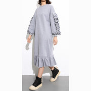 vintage gray cotton maxi dress Loose fitting O neck fall dresses New long sleeve Cinched caftans
