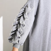 Vintage graues Maxikleid aus Baumwolle Locker sitzende Herbstkleider mit O-Ausschnitt Neue langärmlige Cinched-Kaftane