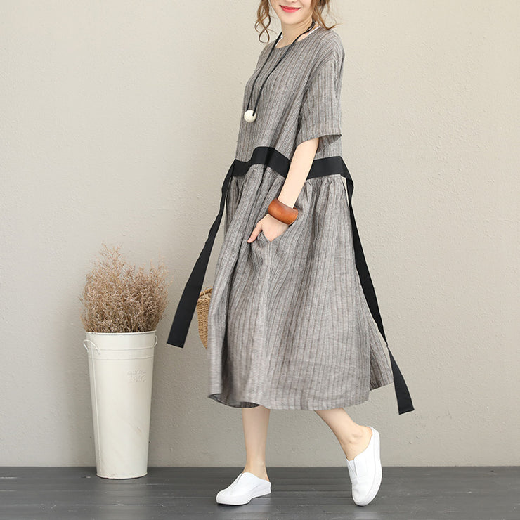 vintage gray linen caftans plus size tie waist design traveling clothing New short sleeve maxi dresses