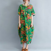 vintage green linen dresses oversized floral cotton gown Elegant short sleeve linen clothing dress