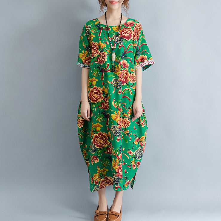 vintage green linen dresses oversized floral cotton gown Elegant short sleeve linen clothing dress