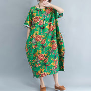 Vintage grüne Leinenkleider übergroßes Blumenbaumwollkleid Elegantes Leinenkleid mit kurzen Ärmeln