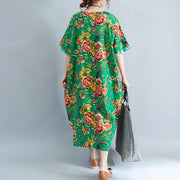 Vintage grüne Leinenkleider übergroßes Blumenbaumwollkleid Elegantes Leinenkleid mit kurzen Ärmeln