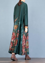 vintage green prints Coat Women oversize long coat fall trench coats o neck - SooLinen