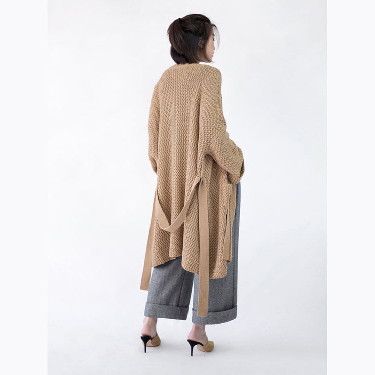 vintage khaki Coats trendy plus size flare sleeve tie waist Winter coat fine pockets wool jackets