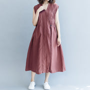 Vintage Khaki-Baumwoll-Leinen-Kleider Locker sitzende Baumwoll-Leinen-Kleidung Kleid Neue ärmellose Baggy-Kleider mit Cinch-V-Ausschnitt