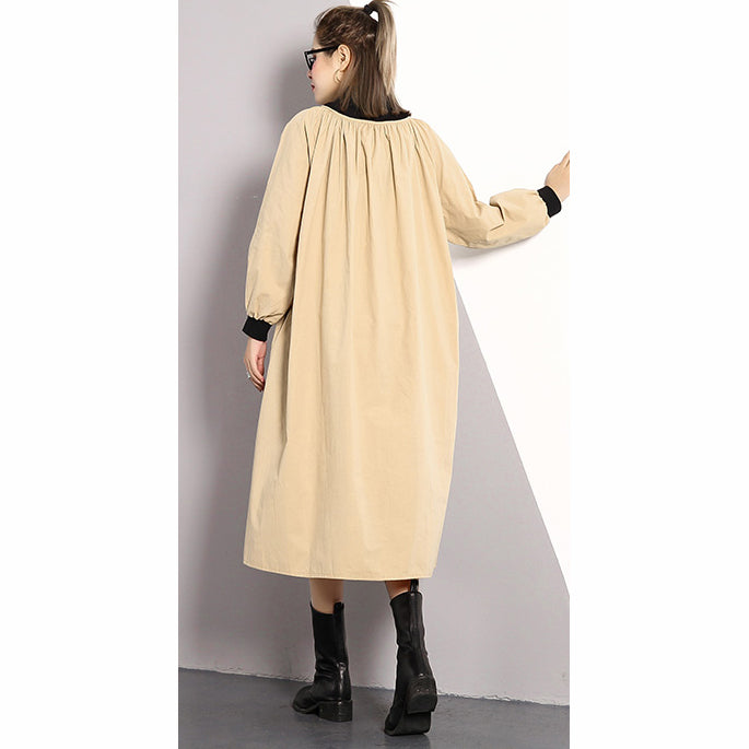 vintage khaki long cotton blended dress plus size Turtleneck caftans Elegant front side open false two pieces kaftans