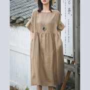 vintage khaki long linen dress plus size O neck baggy dresses linen clothing dress boutique Butterfly Sleeve dresses