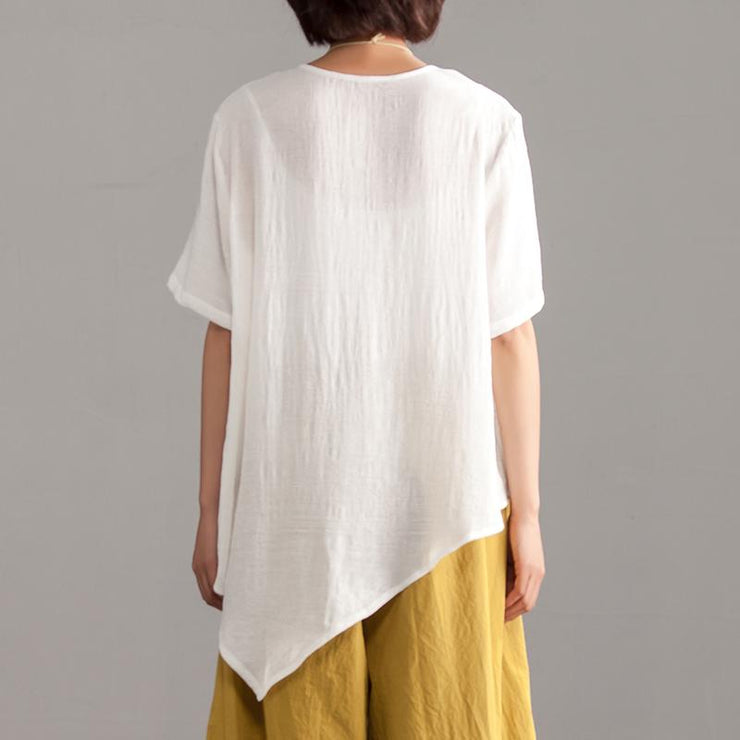 vintage linen blended summer top Loose fitting Irregular Hem Women Summer Short Sleeve Casual Loose Blouse